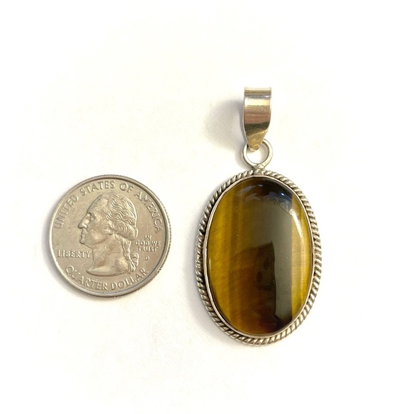VTG Sterling Silver Oval Brown Tan Tiger’s Eye Stone Pendant - Picture 5 of 5